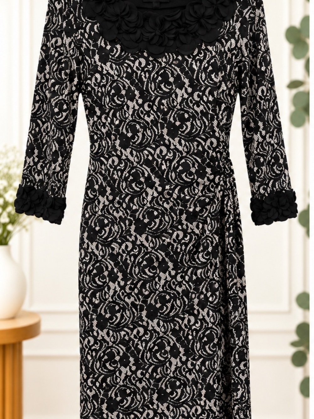 Alfani Black and Cream Floral Lace-Pattern Midi Dress